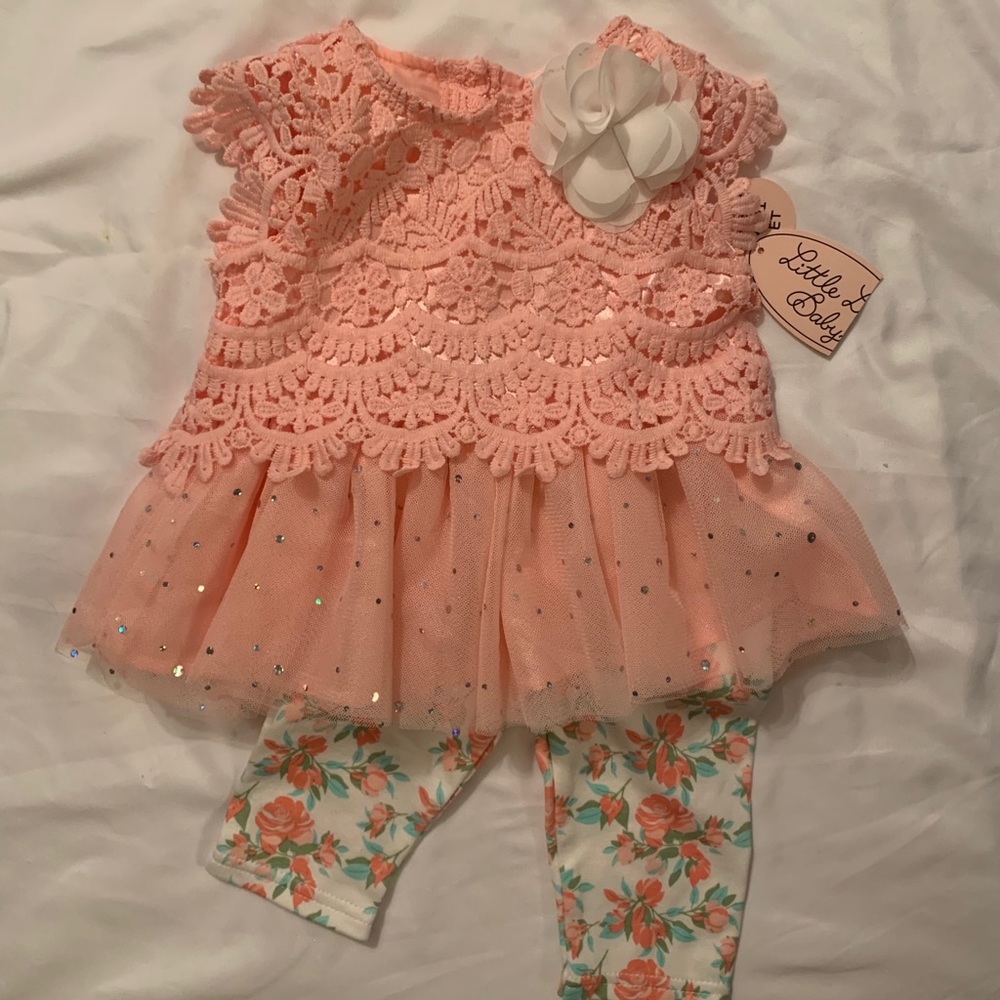 Pink lace top with flower pant set